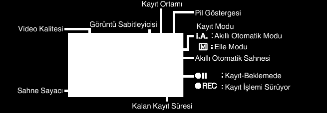 Kayıt Akıllı Otomatik Modda Videoların Çekilmesi Video Kaydı Esnasındaki Göstergeler Akıllı Otomatik modunu kullanarak ayar ayrıntıları ile uğraşmadan kayıt yapabilirsiniz Pozlama ve odak gibi