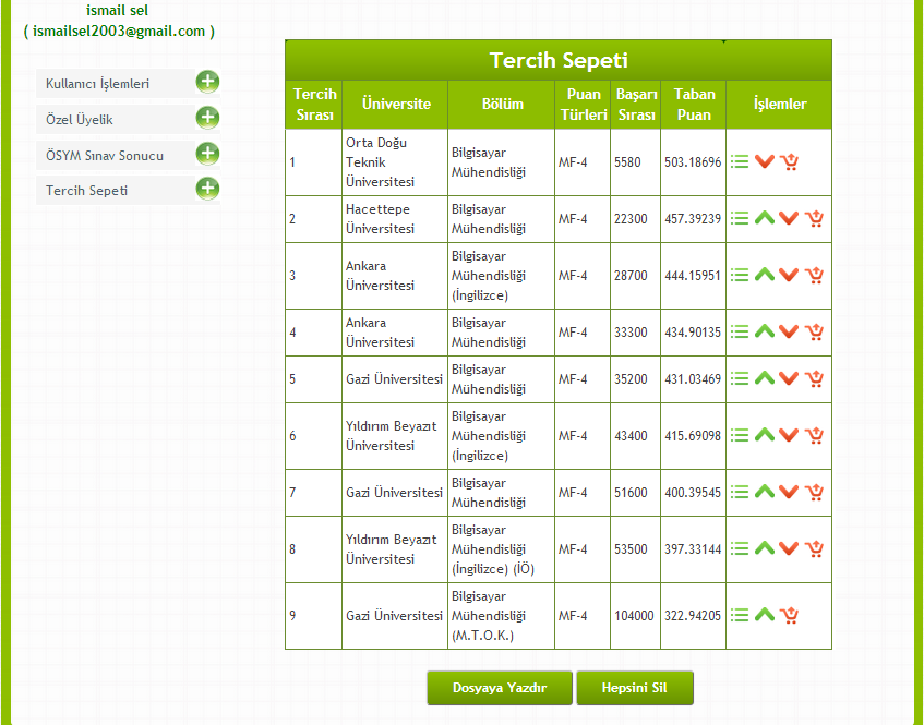 3- Tercih listesi oluşturmak,