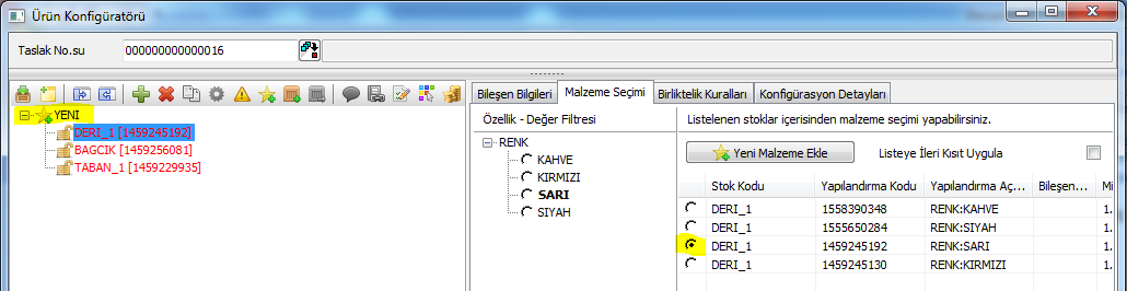 Bu aşamadan sonra oluşan yeni mamul ile ilgili tanımlamaların yapılması ve reçetenin onaylanması işlemlerinin gerçekleşmesiyle bileşen için otomatik oluşturulan yapılandırma kodu ile yeni tanımlanan