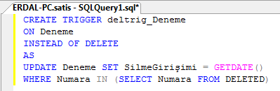26 12.5. Trigger Oluşturmak (devam) Instead Of DELETE örneğine ait trigger aşağıda verilmektedir.