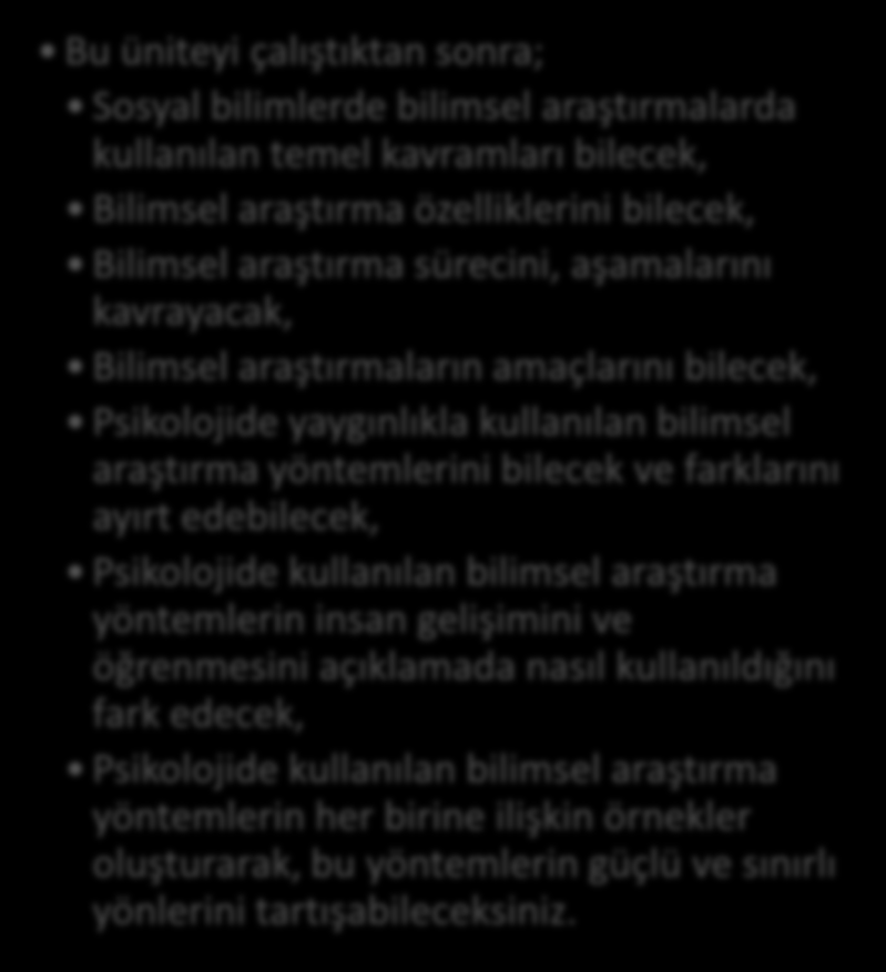 HEDEFLER İÇİNDEKİLER PSİKOLOJİDE BİLİMSEL ARAŞTIRMA YÖNTEMLERİ Giriş Temel Kavramlar Bilimsel Araştırmalarda Bulunması Gereken Özellikler Bilimsel Araştırma Süreci (Aşamaları) Psikolojide Kullanılan