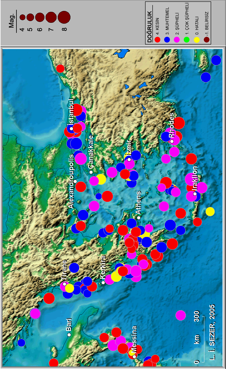 Kaz Dağı Yöresinde Deprem Aktivitesi ve Riski 21 Şekil 2 : Ege Denizi ve çevresinde oluşmuş tsunamiler (M.S. 20-M.S. 2000; Doğruluklar: 4. Kesin (%100), 3. Muhtemel (%75), 2.