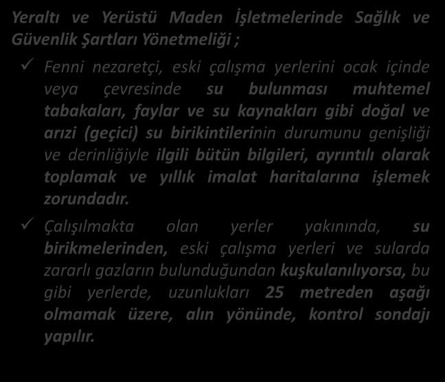 MEVZUAT SU KONTROLÜ Yeraltı ve Yerüstü Maden İşletmelerinde Sağlık ve Güvenlik Şartları Yönetmeliği ; Fenni nezaretçi, eski çalışma yerlerini ocak içinde veya çevresinde su bulunması muhtemel