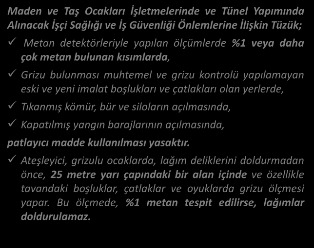 MEVZUAT PATLAYICI MADDE KULLANMA YASAĞI Maden ve Taş Ocakları İşletmelerinde ve Tünel Yapımında Alınacak İşçi Sağlığı ve İş Güvenliği Önlemlerine İlişkin Tüzük; Metan detektörleriyle yapılan