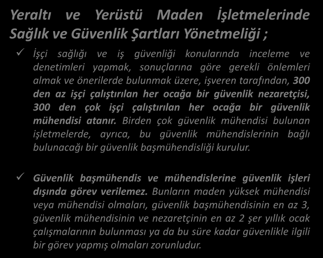 MEVZUAT GÜVENLİK BAŞMÜHENDİSLİĞİ, MÜHENDİSLİĞİ VE NEZARETÇİSİ Yeraltı ve Yerüstü Maden İşletmelerinde Sağlık ve Güvenlik Şartları Yönetmeliği ; İşçi sağlığı ve iş güvenliği konularında inceleme ve