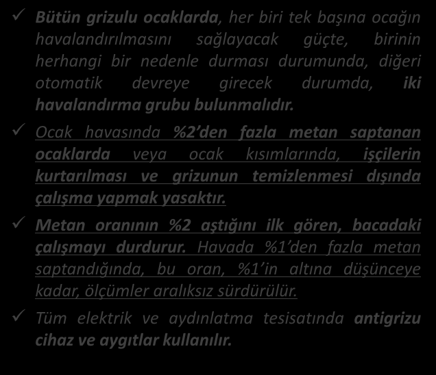 MEVZUAT GRİZU TEHLİKESİNE KARŞI: Bütün grizulu ocaklarda, her biri tek başına ocağın havalandırılmasını sağlayacak güçte, birinin herhangi bir nedenle durması durumunda, diğeri otomatik devreye