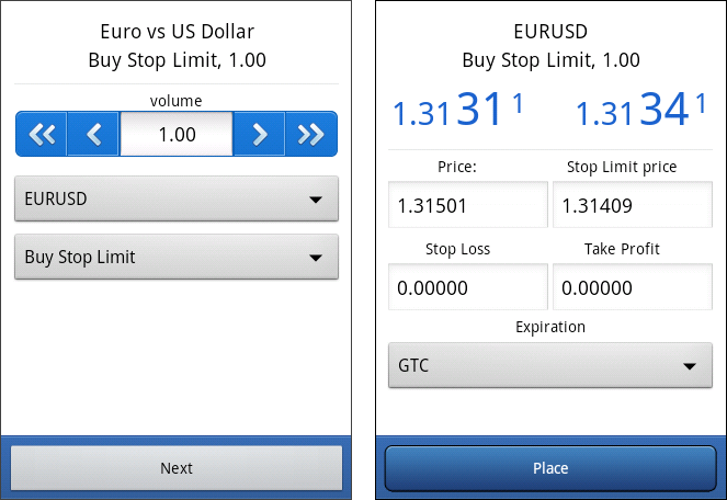 Ikinci pencerede (sağdaki görüntü) aşağıdaki alanları doldurmalısınız: Price bekleyen emirin aktivasyon fiyatı; Stop Limit price bu alan sadece Stop Limit emirleri için etkindir.