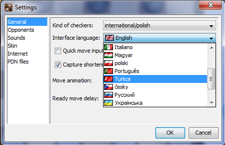 Settings - General butonuna tıklayıp, Kind of checkers bölümünden international/polish seçeneğini işaretliyoruz.