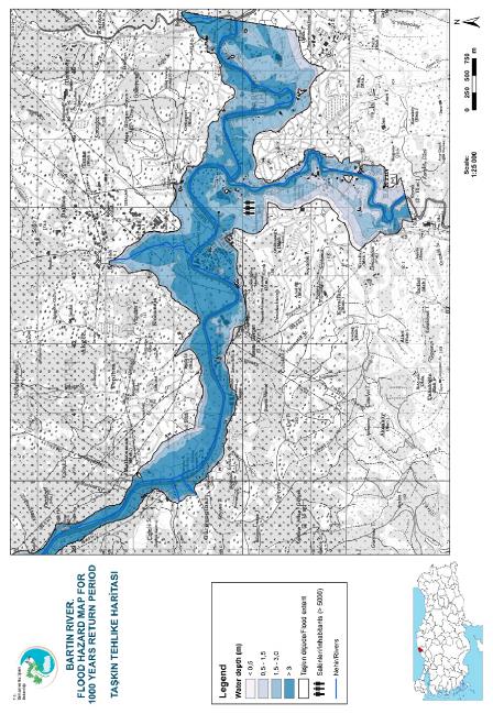 Şekil 4.3. Su Yönetimi Genel Müdürlüğünce (SYGM) hazırlanan taşkın tehlike haritası örneği. Renklerin tonları taşkın sularının derinliğini göstermektedir.