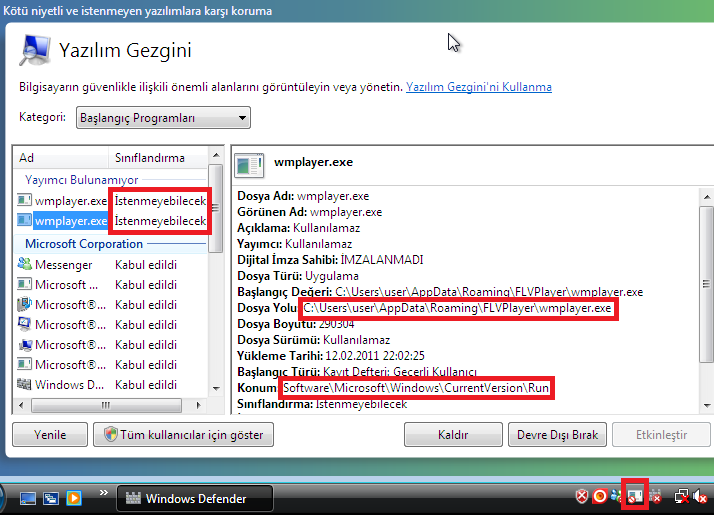 Şekil 14 - Delil 3 Windows Defender da İstenmeyen wmplayer.