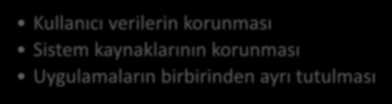 Android Güvenlik Mekanizmaları Amaç Kullanıcı verilerin korunması Sistem kaynaklarının korunması Uygulamaların birbirinden ayrı tutulması Metod Linux çekirdeği kullanımı