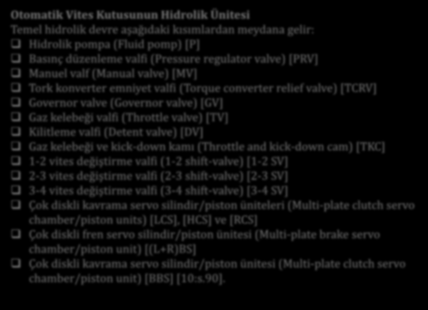 Otomatik Vites Kutusunun Hidrolik Ünitesi Temel hidrolik devre aşağıdaki kısımlardan meydana gelir: Hidrolik pompa (Fluid pomp) [P] Basınç düzenleme valfi (Pressure regulator valve) [PRV] Manuel valf