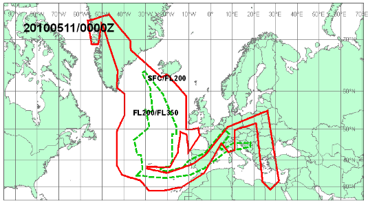 Şekil 12: 10 Mayıs 2010 12:00 UTC (VAAC, London) Şekil 13: 10 Mayıs 2010 18:00 UTC (VAAC, London) Şekil 14: 11 Mayıs 2010 00:00 UTC (VAAC, London) İstanbul Fır ve Ankara Fır Sahaları için yapılan