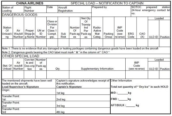 Sivil Havacılık Genel Müdürlüğü NOTOC formu kargo memuru tarafından hazırlanarak tehlikeli madde ya da özel kargo ile birlikte kalkış saatinden 1 saat önce uçak başına getirilir ve harekat memuruna