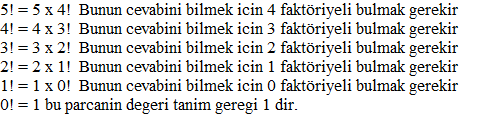 Recursive fonksiyon - Faktöriyel hesabı Faktöriyel hesabı özyinelemeli fonksiyon ile aşağıdaki mantıkla çalışır.