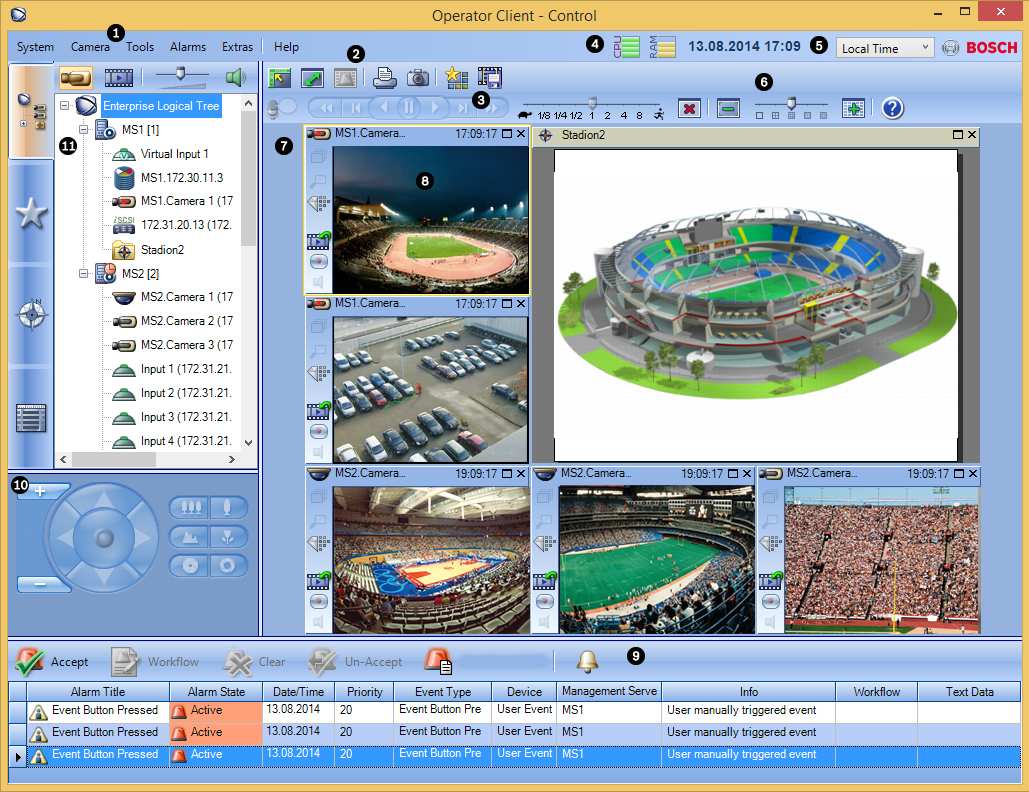 96 tr Kullanıcı arayüzü Bosch Video Management System 1 Menü çubuğu Bir menü komutu seçmenizi sağlar. 2 Araç Çubuğu Kullanılabilir düğmeleri görüntüler.