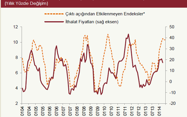 yaklaşık %60 lık kısım), ithal maliyetlerinin belirleyici olduğunu; dolayısıyla enflasyonda ithalat fiyatları ve döviz kurunun önemli etkenler olduğunu görüyoruz.