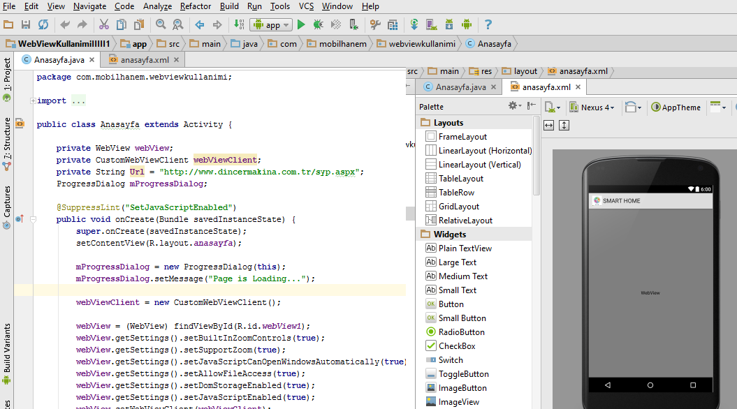 22 3- ANDROİD ARAYÜZ ve WEB SAYFASI TASARIMI 3.1 Android Studio da Webview Arayüzünün Tasarımı Projede Android programlama için Android Studio programı kullanıldı.