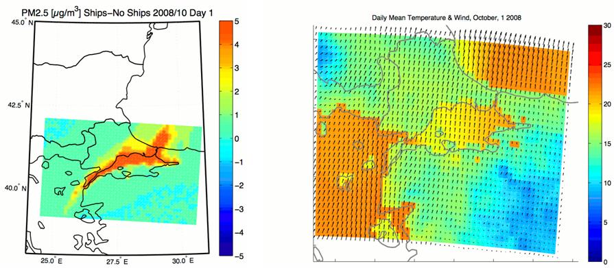 Meteorolojik şartların PM 2.5 emisyonunun bölgedeki dağılımına etkileri Şekil 4.25 te gösterilmektedir. Basınç ve sıcaklık dağılımlarının, bölgedeki PM 2.