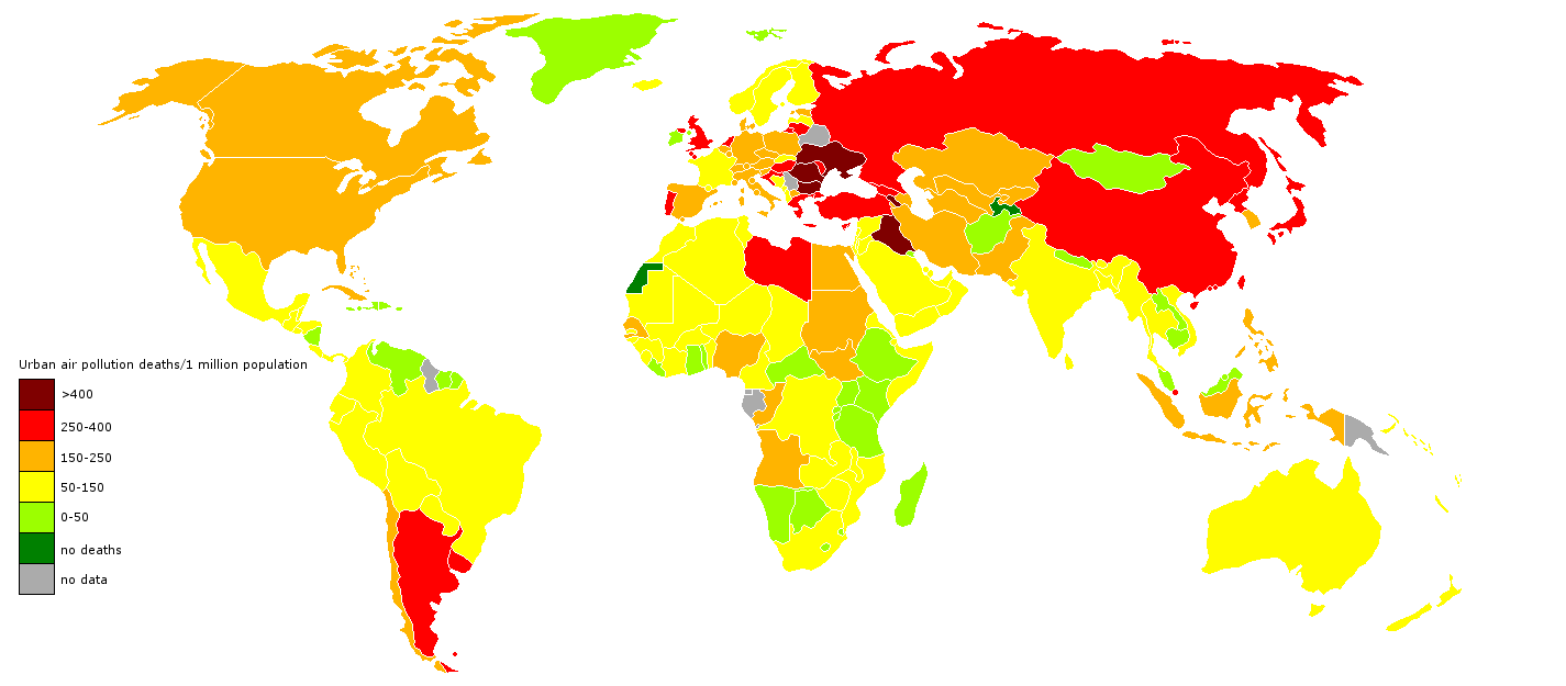 Şekil 1.5 : Hava kirliliğine bağlı ölümler (2004 yılı için, WHO).