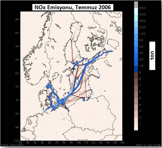 IIASA (2007), 2000 yılı için gemilere ait verileri kullanarak yıllık NO x, SO 2, CO 2, HC ve PM emisyonlarını Akdeniz için sırasıyla 1818 kt, 1278 kt, 77140 kt, 62 kt ve 154 kt, Karadeniz için ise