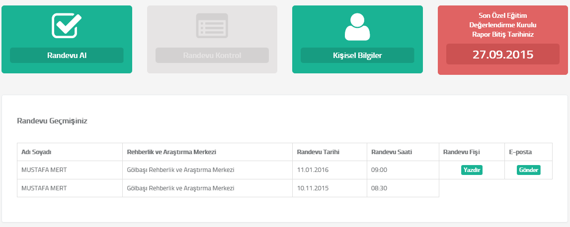 Randevu Kontrol Ekranı Bu ekranda engelli bireyler almış oldukları geçmiş randevuları görebilirler ve son aldıkları randevunun