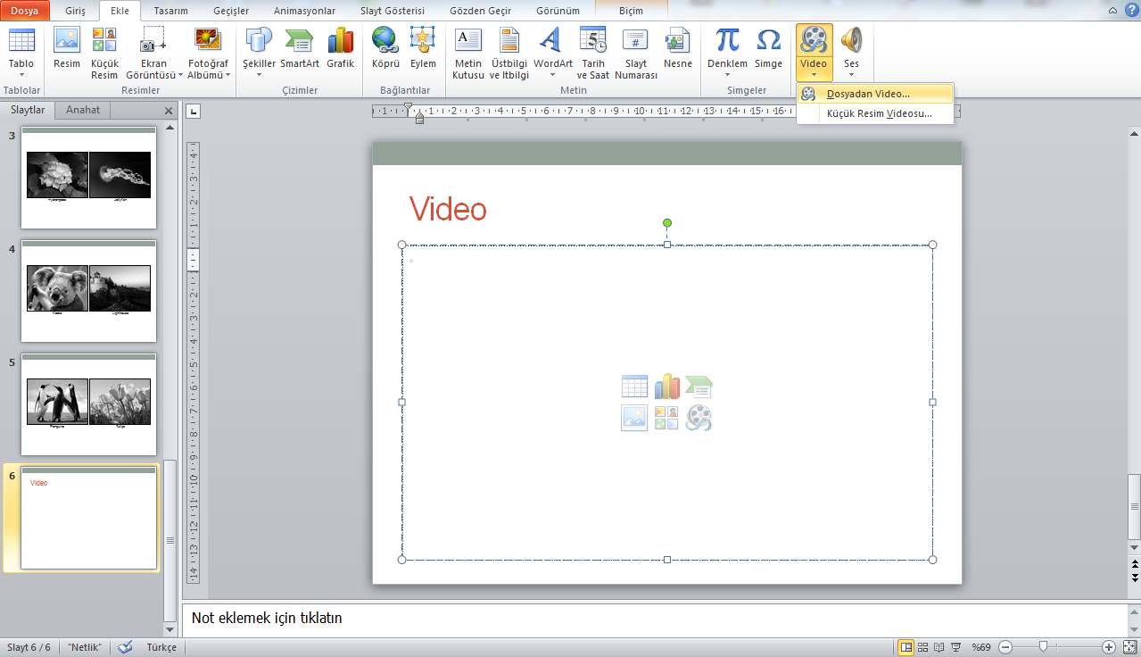 1.3. Video Ekleme Fotoğraf albümü sunumunun son slaytına (5. Slayt) gelerek yeni bir slayt ekleyiniz. Slayt eklediğinizde slaytın düzeninin Boş düzeninde olduğunu göreceksiniz.