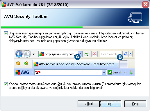 5.9. AVG Security Toolbar AVG Security Toolbar iletisim kutusunda, AVG Security Toolbar'i yüklemek isteyip istemediginize karar verin (Desteklenen Internet arama motorlarinin arama sonuçlarinin