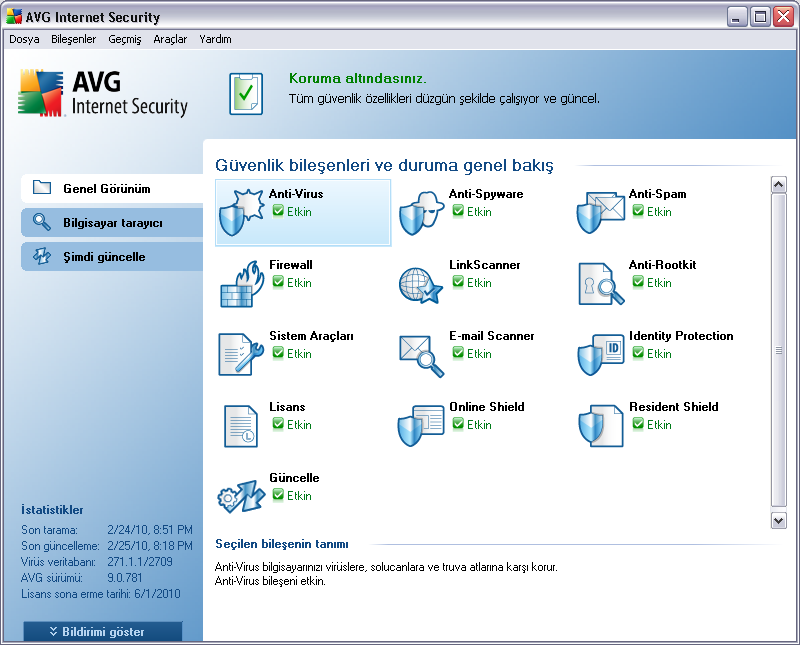 7. AVG Kullanici Arayüzü AVG 9 Internet Security, ana pencerede açilir: Ana pencere çok sayida bölüme ayrilir: Sistem Menüsü (penceredeki en üst sistem çubugu)tüm AVG bilesenlerine, servislerine ve