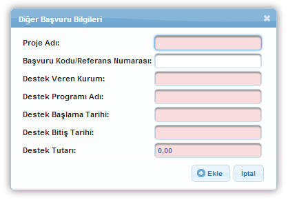 Diğer Başvurular Son 3 yılda ulusal ya da uluslararası kurum ve kuruluşlardan sağlanan mali destekler ile henüz sonuçlanmamış mali destek başvurularının belirtilmesi sağlanır.