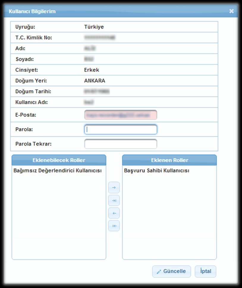 Kullanıcı Ana Sayfası Ana sayfanın sol üstünde sisteme giriş yapan kullanıcının Adı ve Soyadı bilgisi yer almaktadır.