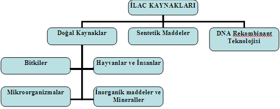 Doğal kaynaklar Şema 1. 1: İlaçların elde edildiği kaynaklar Bitkiler, hayvanlar ve insanlar, mikroorganizmalar, inorganik maddeler ve mineraller olmak üzere gruplandırılır.