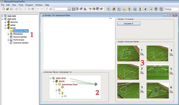Dosyadan gelen antrenman planları (3) numaralı alanda kutucuklarda gösterilecektir. Antrenman planlarının nereye alınmak istendiği (1) numaralı liste menüde tıklayarak seçilir.