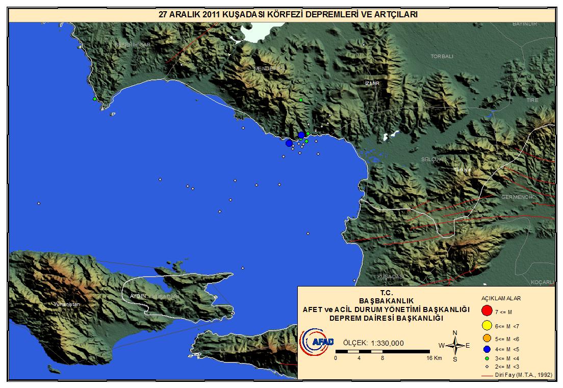 3. 27 ARALIK 2011 KUŞADASI KÖRFEZİ DEPREMLERİ (Ml:4.1-4.4) 27 Aralık 2011 günü, saat 07:59 da 37.9908 K - 27.1748 D koordinatlarında ve 09:51 de 37.9778 K - 27.1563 D koordinatlarında Ml: 4.1 ve Ml=4.