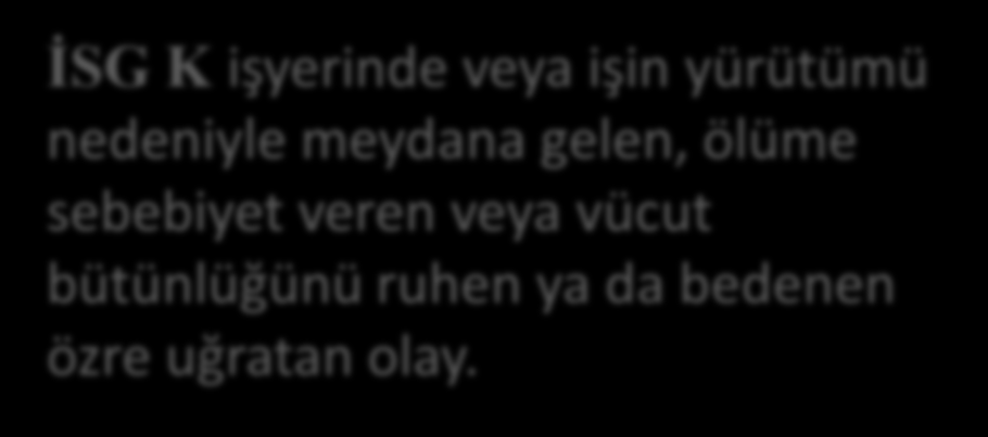 İŞ KAZASI İSG K işyerinde veya işin yürütümü nedeniyle meydana gelen, ölüme sebebiyet veren veya vücut bütünlüğünü ruhen ya da bedenen özre uğratan olay.