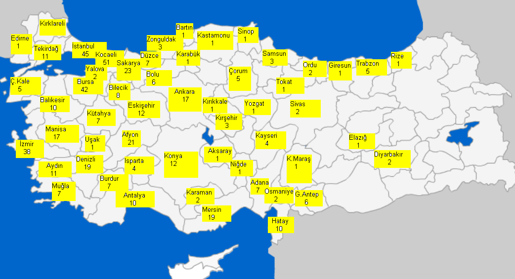 Şekil 2.1 Isıl işlem yetkisi alan işletmelerin Türkiye haritası üzerindeki dağılışı. 2.2 METOT Orman ürünleri sanayi alanında faaliyet gösteren Isıl işlem yapan firmaların görüşlerini belirlemek üzere bilgi toplama formu (anket) oluşturulmuştur.