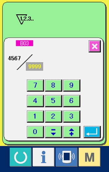 3 Sayaçta ayarlanan değerin değiştirilmesi Dikiş sayacı için (F) düğmesine, parça adedi için (G) düğmesine basınca ayar değeri giriş ekranı görünümüne geçilir. Ayar değerini burada girin. (30.