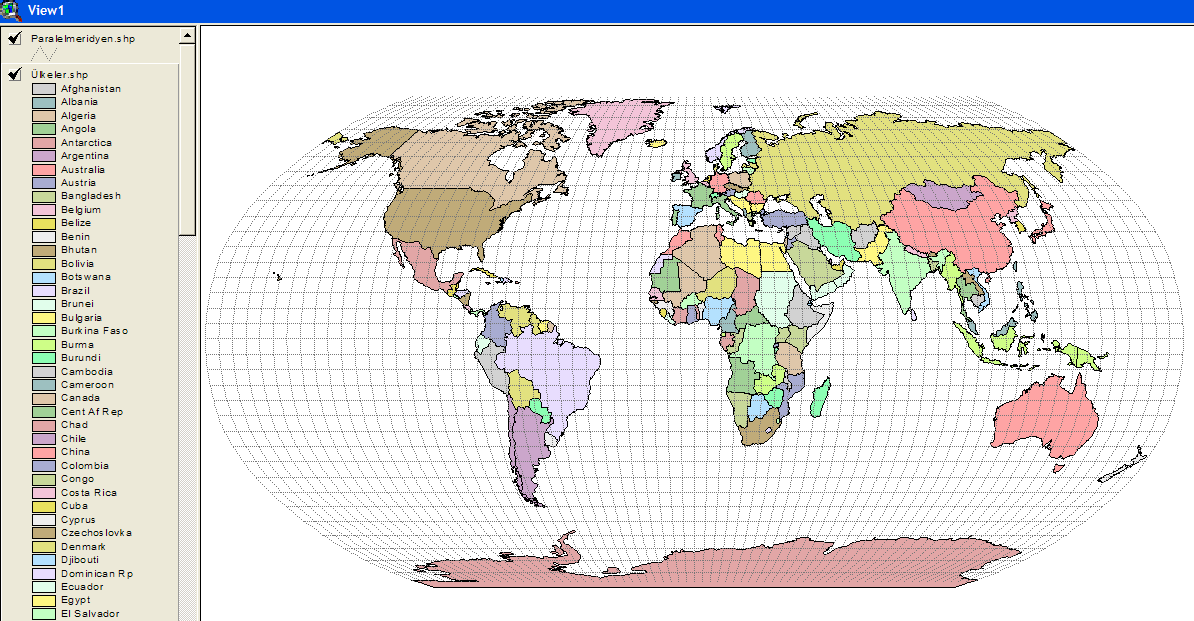 Şekil 8. Robinson projeksiyonu, Dünya nın şeklini biraz eğrileştirmesine rağmen, Dünya kıtalarını oldukça doğru olarak düzleme aktarmaktadır. Şekil 9.