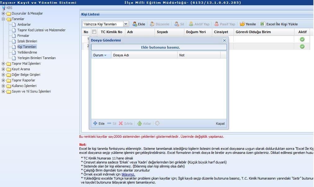 3 1 4 2 2-Excel İle kişi yükle butonu ile sistemde tanımlı olmayan tüm personel aynı anda