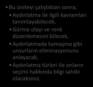 Ali AYGÖR Bu üniteyi çalıştıktan sonra; Aydınlatma ile ilgili kavramları tanımlayabilecek, Görme olayı ve renk düzenlemesini