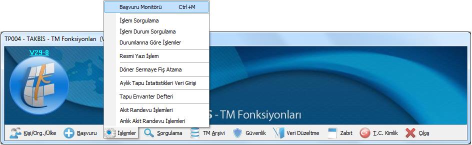 Havalesi yapılan başvuruya ulaşabilmek için, ilgili personelin TAKBİS TM Fonksiyonları modülünde "İşlemler" bölümünden Başvuru Monitörü bölümü seçilir. Başvuru Monitörü ekranı açılır.