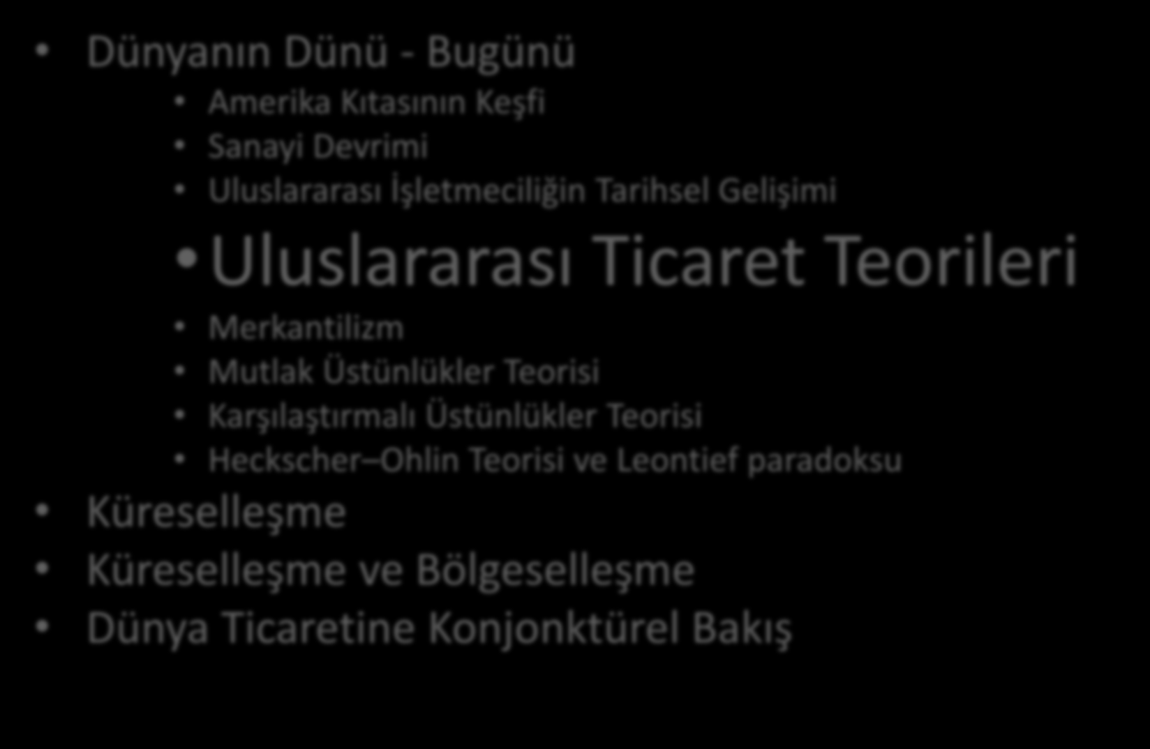 İçindekiler Dünyanın Dünü - Bugünü Amerika Kıtasının Keşfi Sanayi Devrimi Uluslararası İşletmeciliğin Tarihsel Gelişimi Uluslararası Ticaret Teorileri Merkantilizm Mutlak Üstünlükler Teorisi