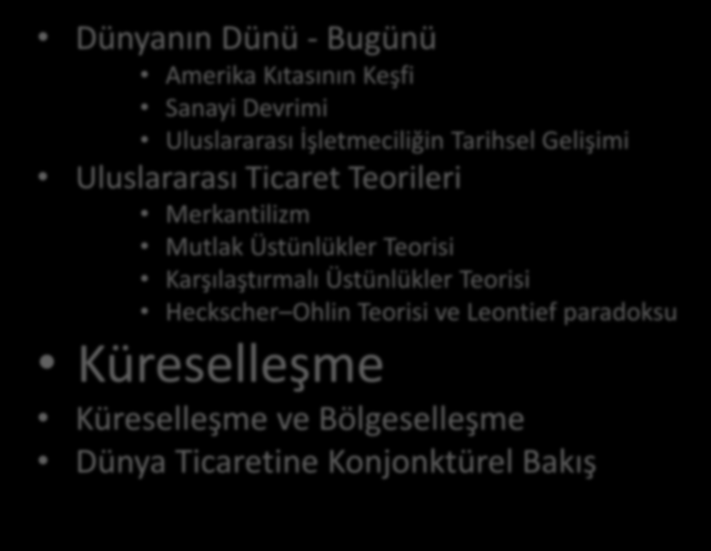 İçindekiler Dünyanın Dünü - Bugünü Amerika Kıtasının Keşfi Sanayi Devrimi Uluslararası İşletmeciliğin Tarihsel Gelişimi Uluslararası Ticaret Teorileri Merkantilizm Mutlak Üstünlükler Teorisi