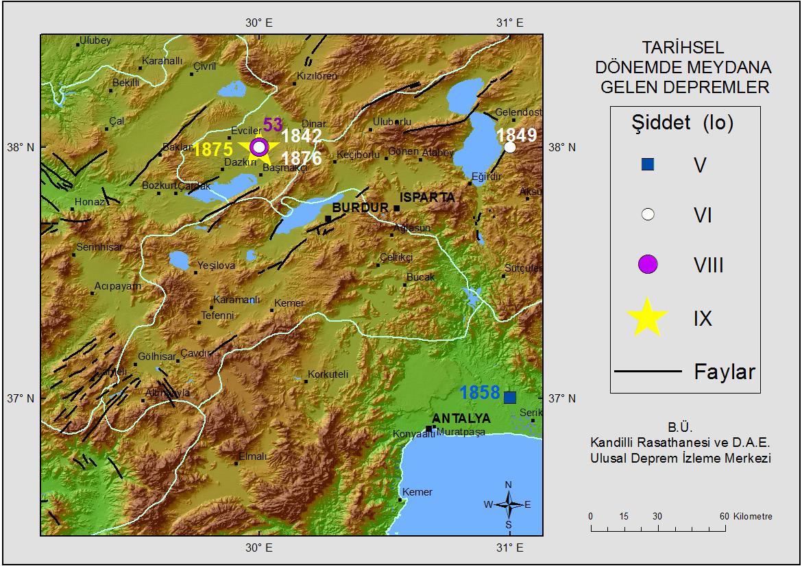 Şekil 5.12: Burdur Bölgesinin Tarihsel Dönem Deprem Etkinliği (Burdur Gölü Havzası Mermer Ocakları Raporu 2014).