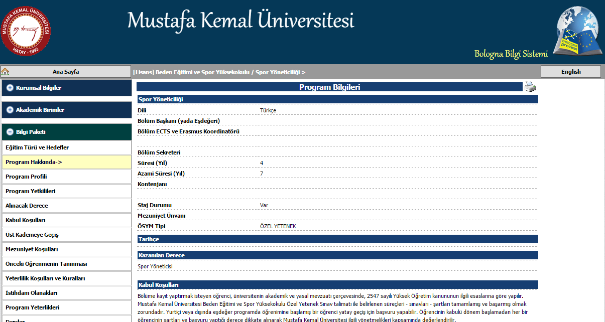 Program seçildikten sonra karşımıza gelen ekranda program bilgileri yer almaktadır.