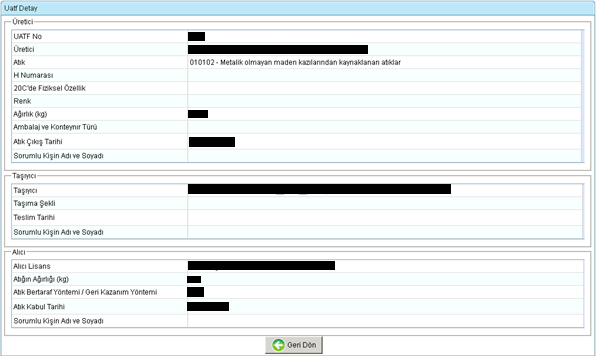 Şekil 22 Giden UATF Listesi-Sil Detay Butonu: Şekil 18 deki listedenbir giden UATF kaydıseçilip DETAY butonuna tıklandığında Şekil 23 tegörülen UATF Detay arayüzü görüntülenir.