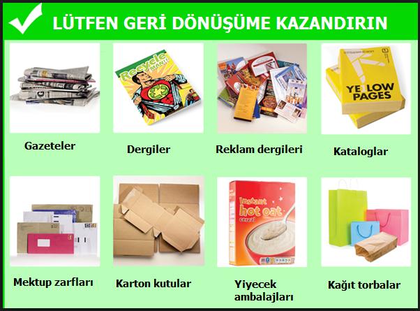 KAĞIT AMBALAJ GERİ KAZANIMI GERİ KAZANILABİLEN KAĞITLAR Gazeteler Dergiler Temiz yiyecek kutuları Ofis kağıt