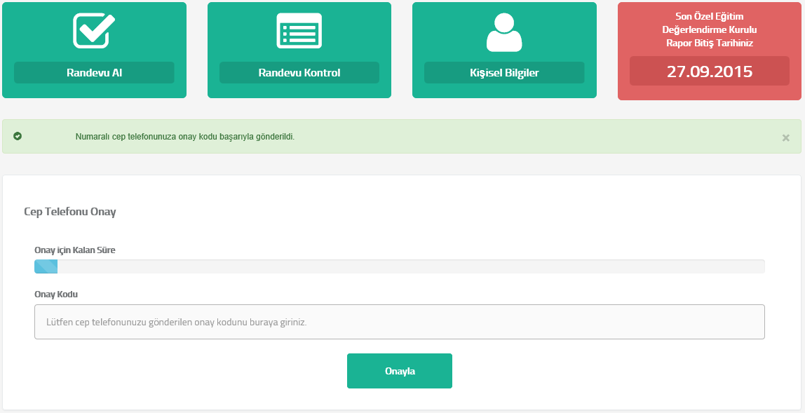 Cep Telefonu Onay Ekranı Birey Kişisel Bilgiler ekranından Onay için SMS Gönder düğmesine tıkladığında Cep Telefonu Onay