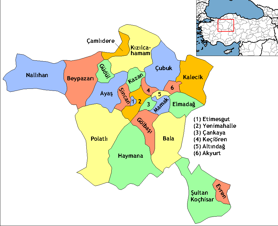 Ankara ili, merkez ilçeleri; Akyurt, Altındağ, Ayaş, Bala, Çankaya, Çubuk, Elmadağ, Etimesgut, Gölbaşı, Kalecik, Kazan, Keçiören, Mamak, Sincan, Pursaklar, Yenimahalle, bağlı ilçeler; Beypazarı,