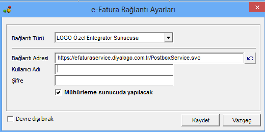3- Logo Özel Entegratör Çözümünde e-fatura Bağlantı Ayarları Connect.